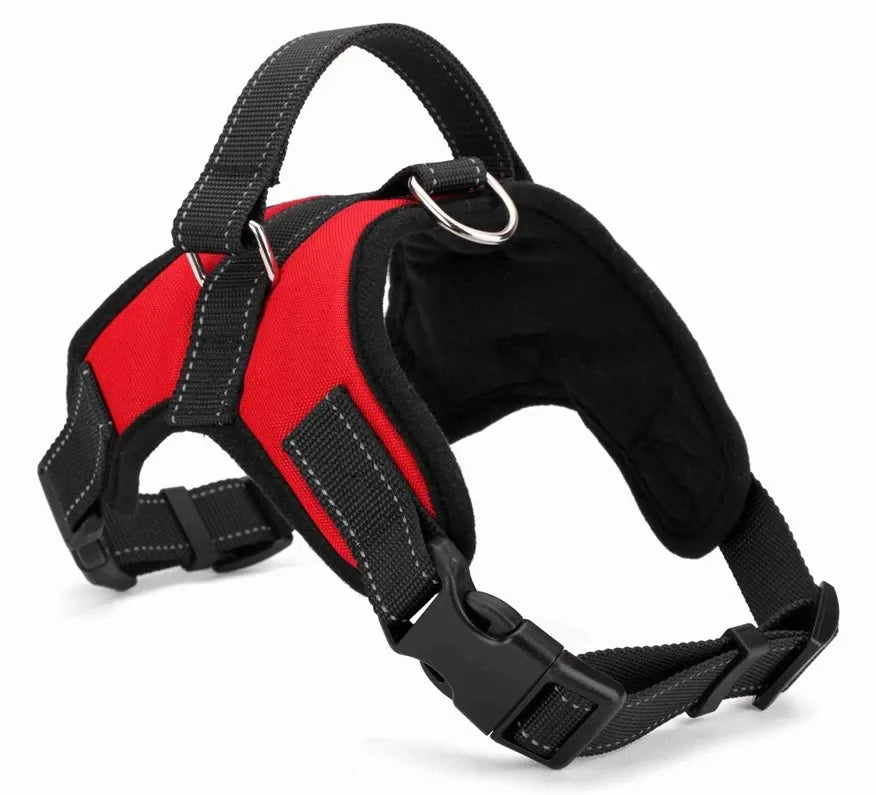 A black and red breathable nylon dog harness with adjustable straps and quick-release buckles.