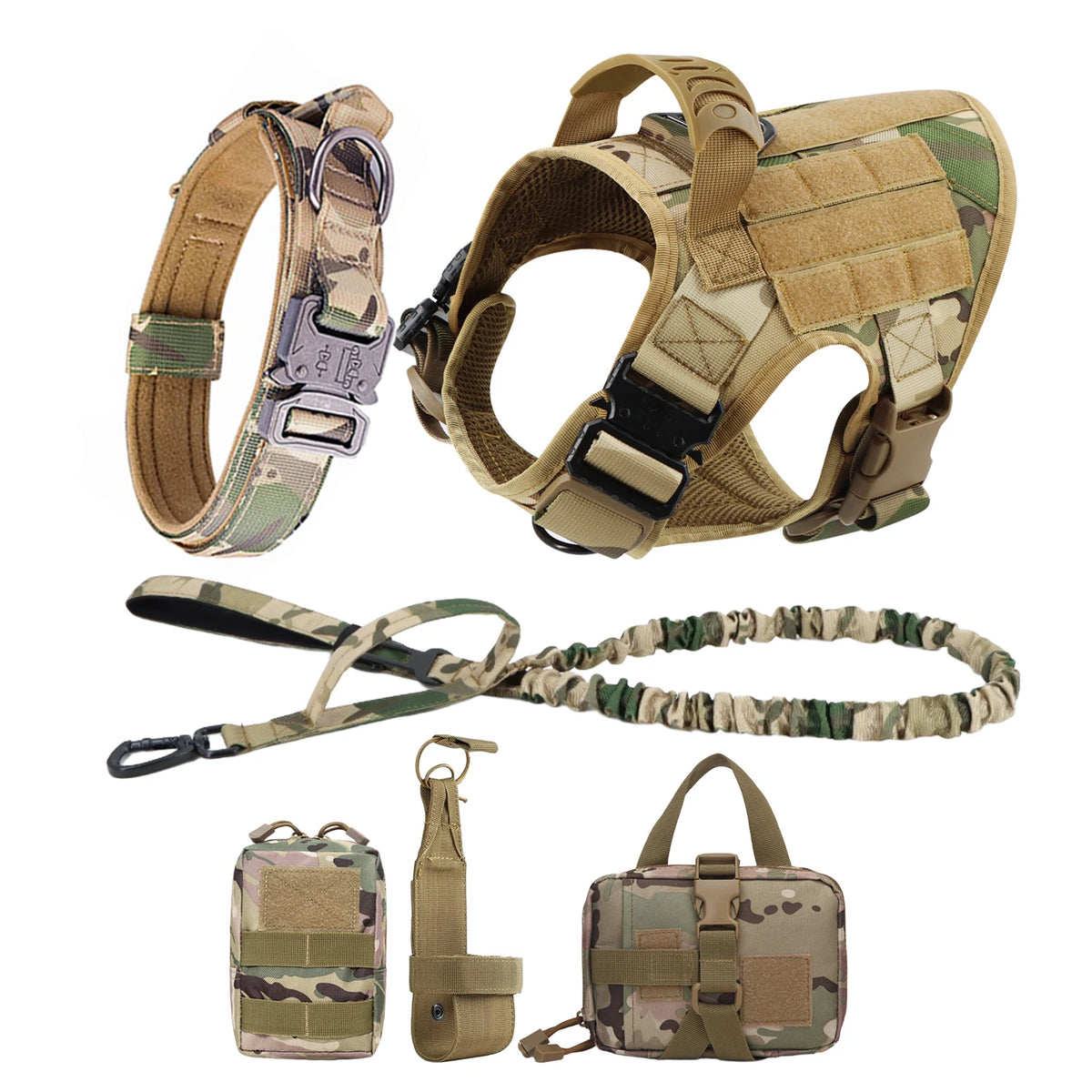 A set of durable dog harness and leash for training, including a padded harness, collar, and leash.