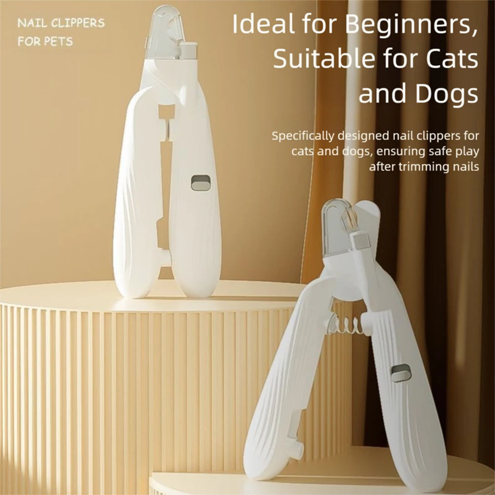 A white pet nail clipper is shown on a wooden surface, suitable for trimming cats and dogs.