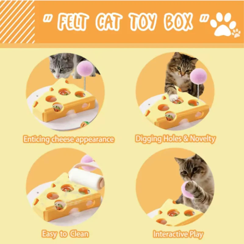 A felt cat toy box showing various features like enticing cheese appearance, digging holes, easy cleaning, and interactive pl