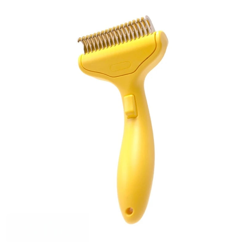 A yellow one-click detangling pet grooming brush for cats and dogs.