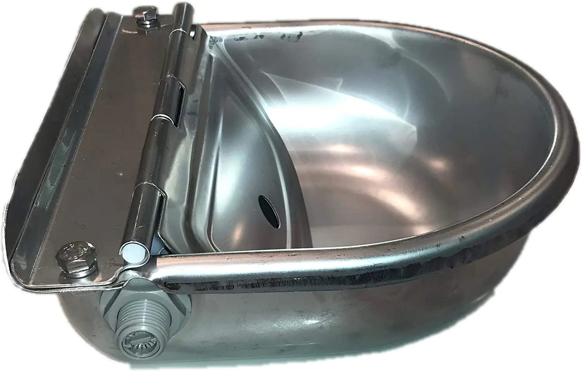 A stainless steel automatic floating water bowl designed for livestock.