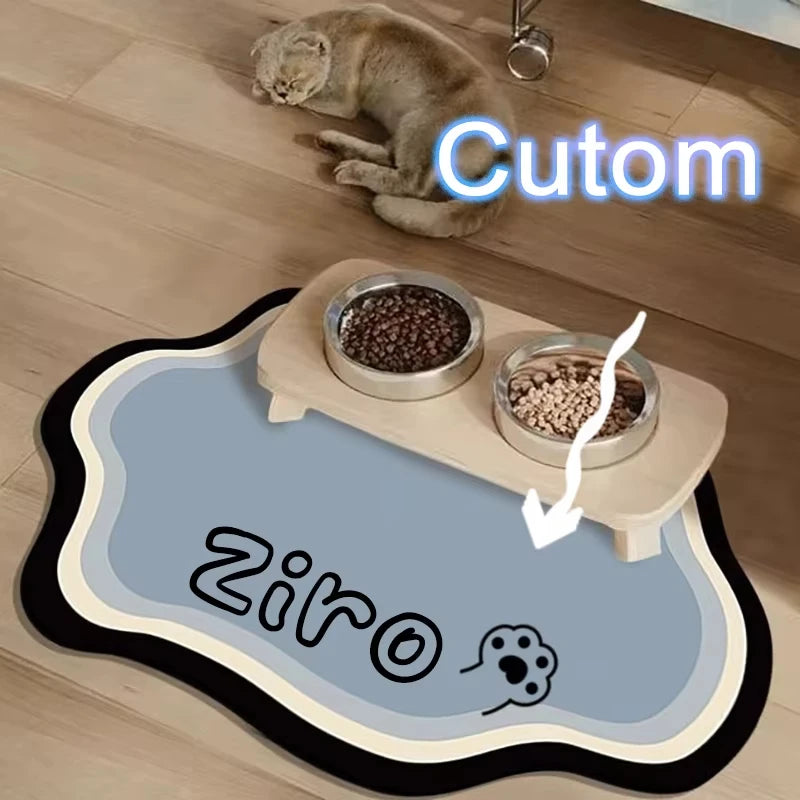 A light beige cat is resting near a wooden pet feeding mat with a ceramic bowl and the word Ziro on it.