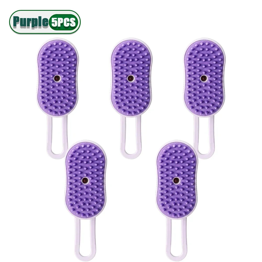 Five purple silicone grooming brushes for cats with soft massage bristles