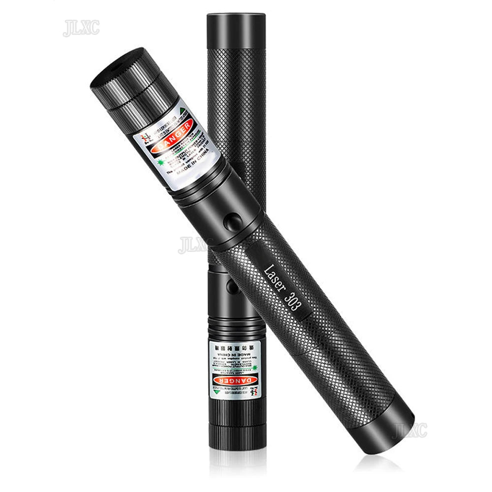 A black portable laser pointer training torch is shown, highlighting its design and features.