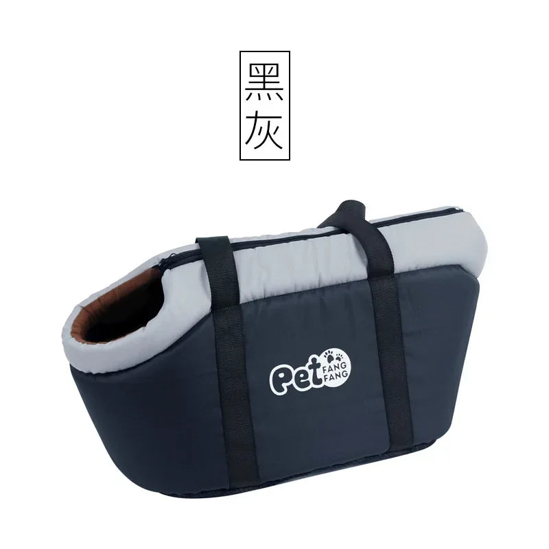 A dark blue portable foldable pet carrier bag with a light gray mesh window and black straps.