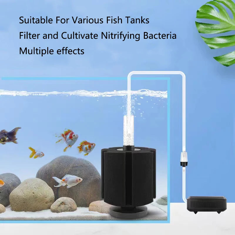 A black aquarium bio sponge filter with an air pump and skimmer is shown in a blue water tank setting.