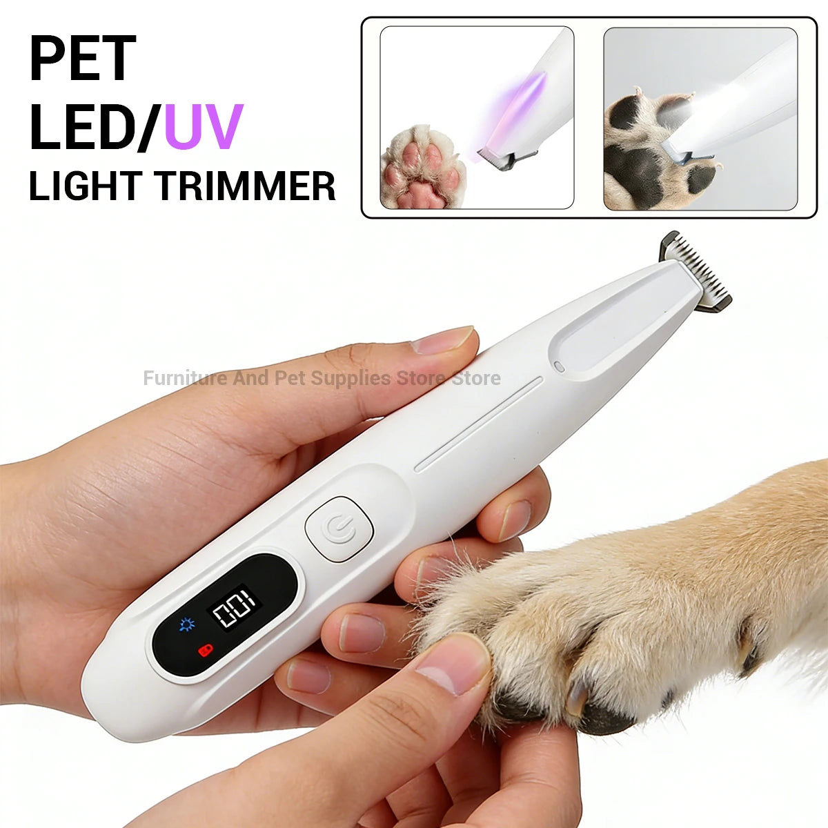 Eine Hand hält einen weißen Haartrimmer mit LED/UV-Licht und demonstriert dessen Verwendung an einem Hundefuß.