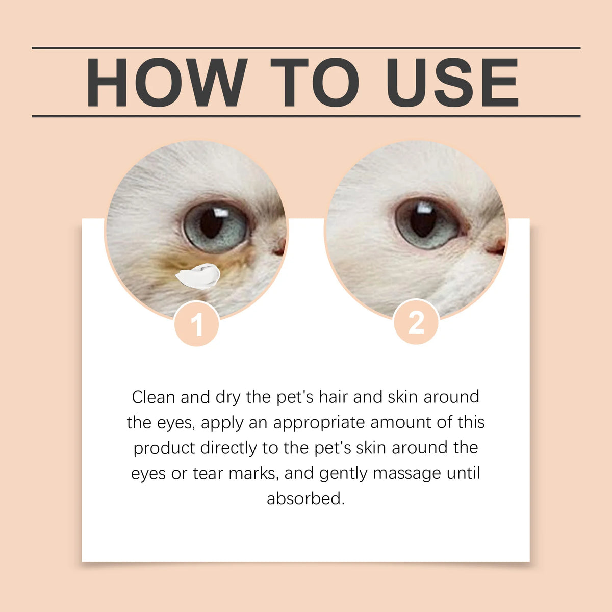 Illustration showing how to use a gentle pet tear stain cleansing balm on a cat's eye area.