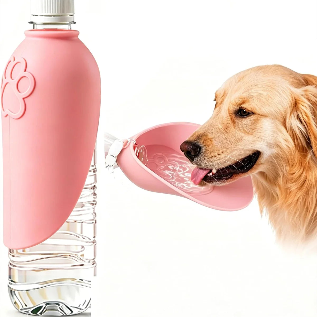 A pink foldable silicone dog water bottle with a feeding bowl attached, next to a glass bottle.