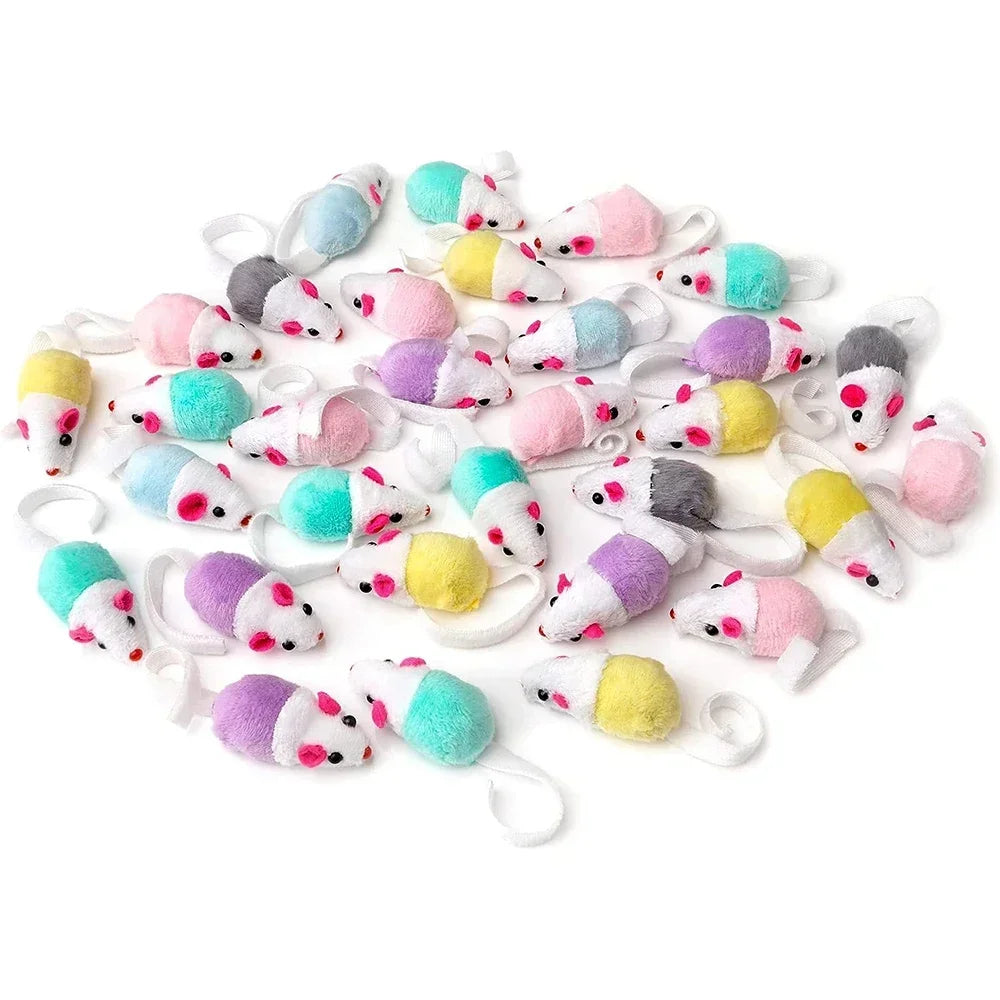 A collection of colorful cat mice toys made of faux fur with rattles.