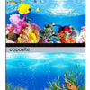 Vergleich der Front- und Rückansicht eines 3D-Aquarium-Hintergrundaufklebers mit bunten Fischen und Meereslebewesen