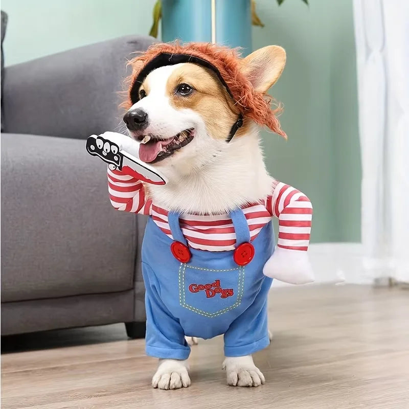 A dog wearing a Halloween costume with a wig and overalls, resembling Chucky.