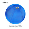A bright blue, spherical dog ball with silver attachments, shown against a white background.