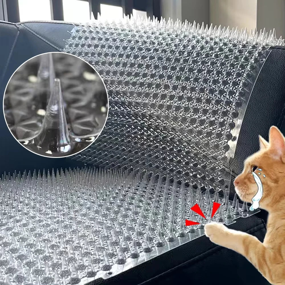 Un gato interactúa con una alfombra transparente disuasoria para mascotas, mostrando los púas finas diseñadas para ahuyentar 