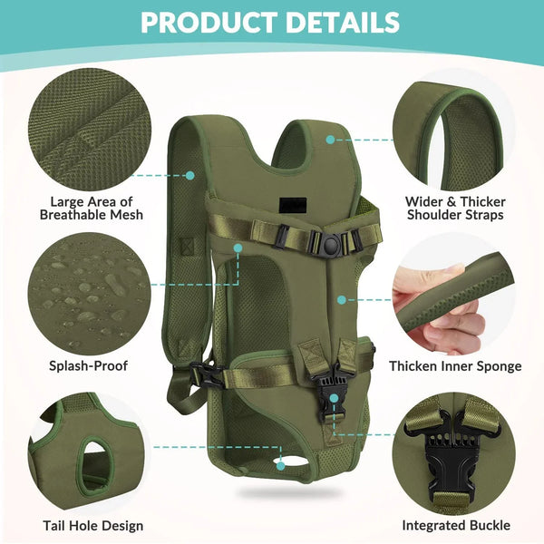 A olive green ventilated pet carrier backpack showing details like mesh, splash-proof features, and integrated buckles.