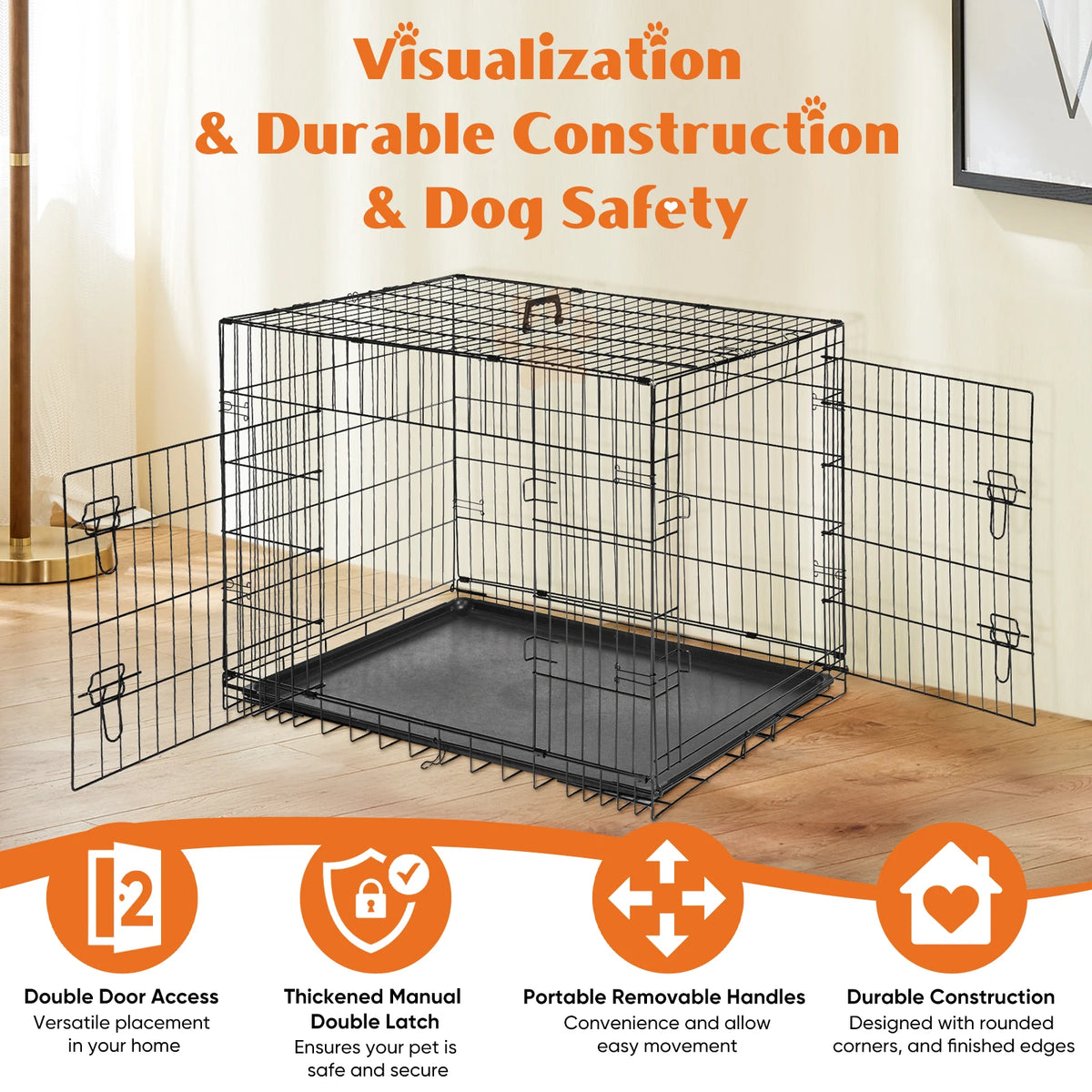 Extra-Large Foldable Metal Dog Crate with Double Doors and Leak-Proof Tray