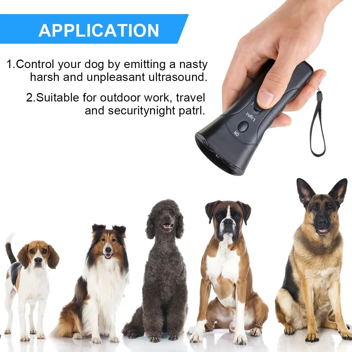 A hand holds an ultrasonic dog training device with a cord, next to several dogs.