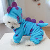 A blue plush fleece pet overalls with purple accents and a white fluffy face.