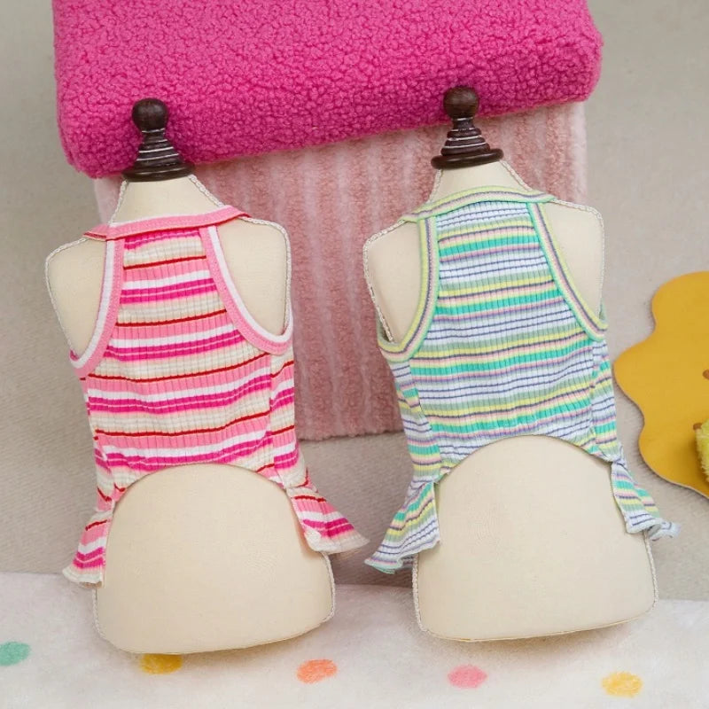 Summer Suspender Dog Dress - Striped Strawberry Print