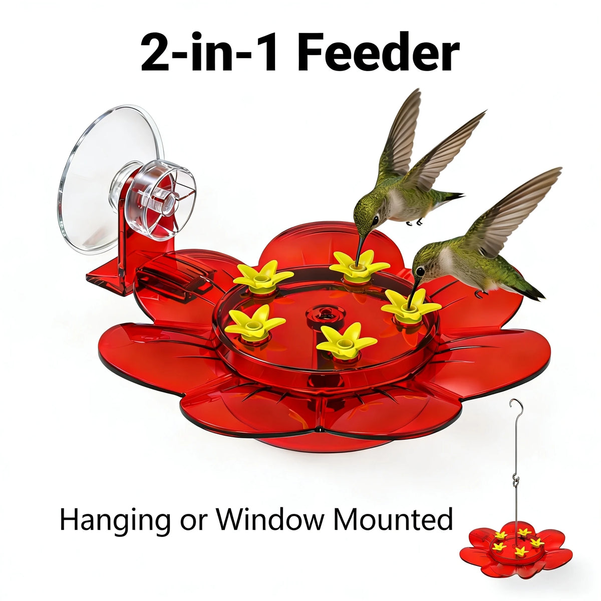2-in-1 Hummingbird Feeder with Suction Cup & Hanging Design