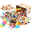 A box filled with assorted colorful cat toys including feathers, yarn, and small plastic items next to a kitten.