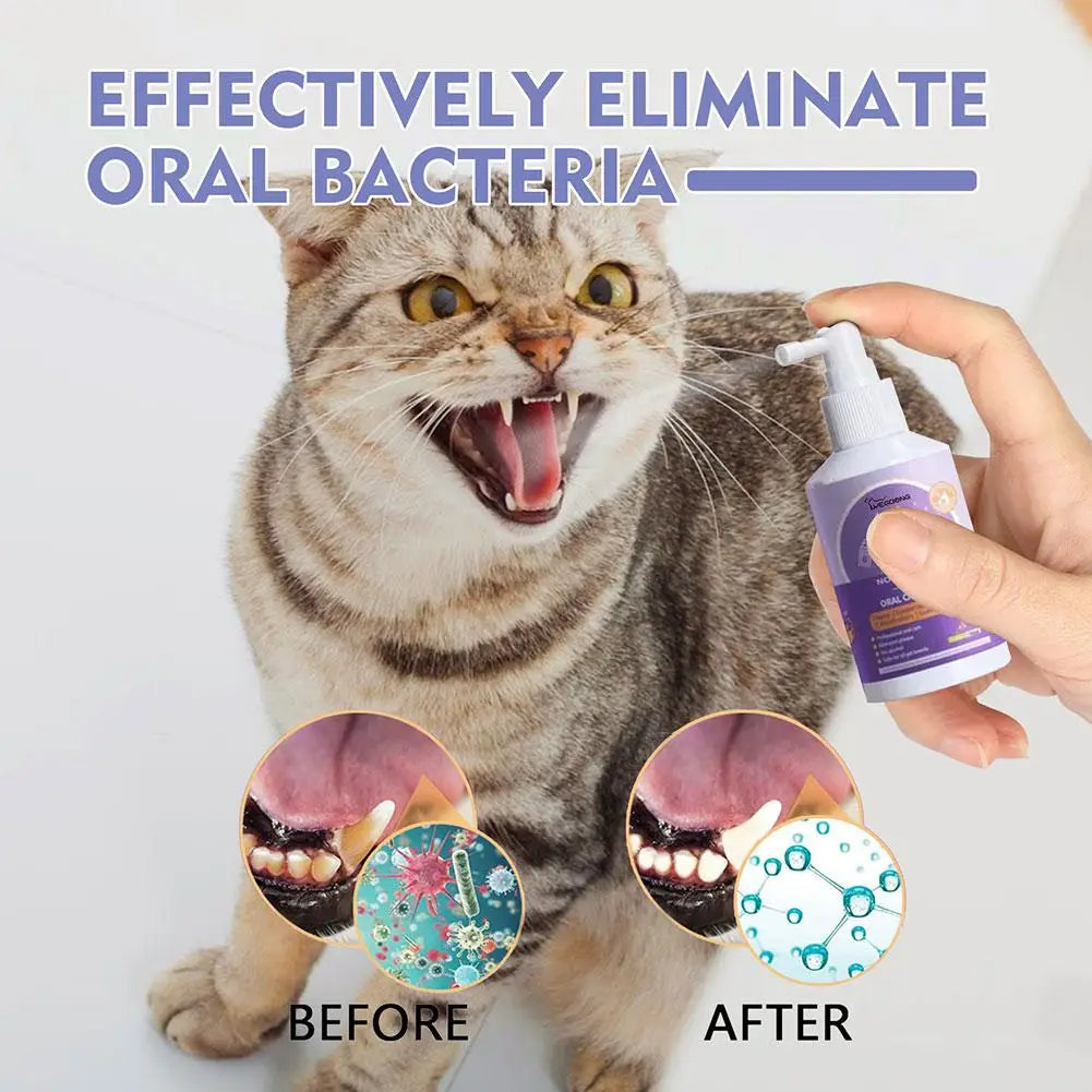 A cat is shown with a hand applying an oral care spray to its mouth, demonstrating before and after results for eliminating o