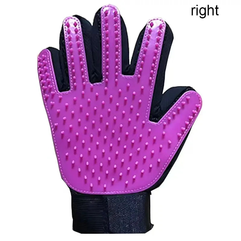 A bright pink silicone pet grooming glove for gentle de-shedding, shown from the palm side.