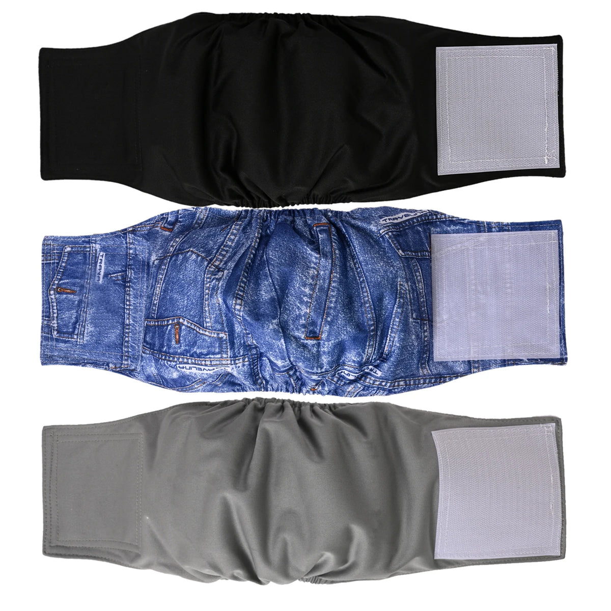 Three washable reusable incontinence diapers for male dogs shown in black, blue denim, and gray.