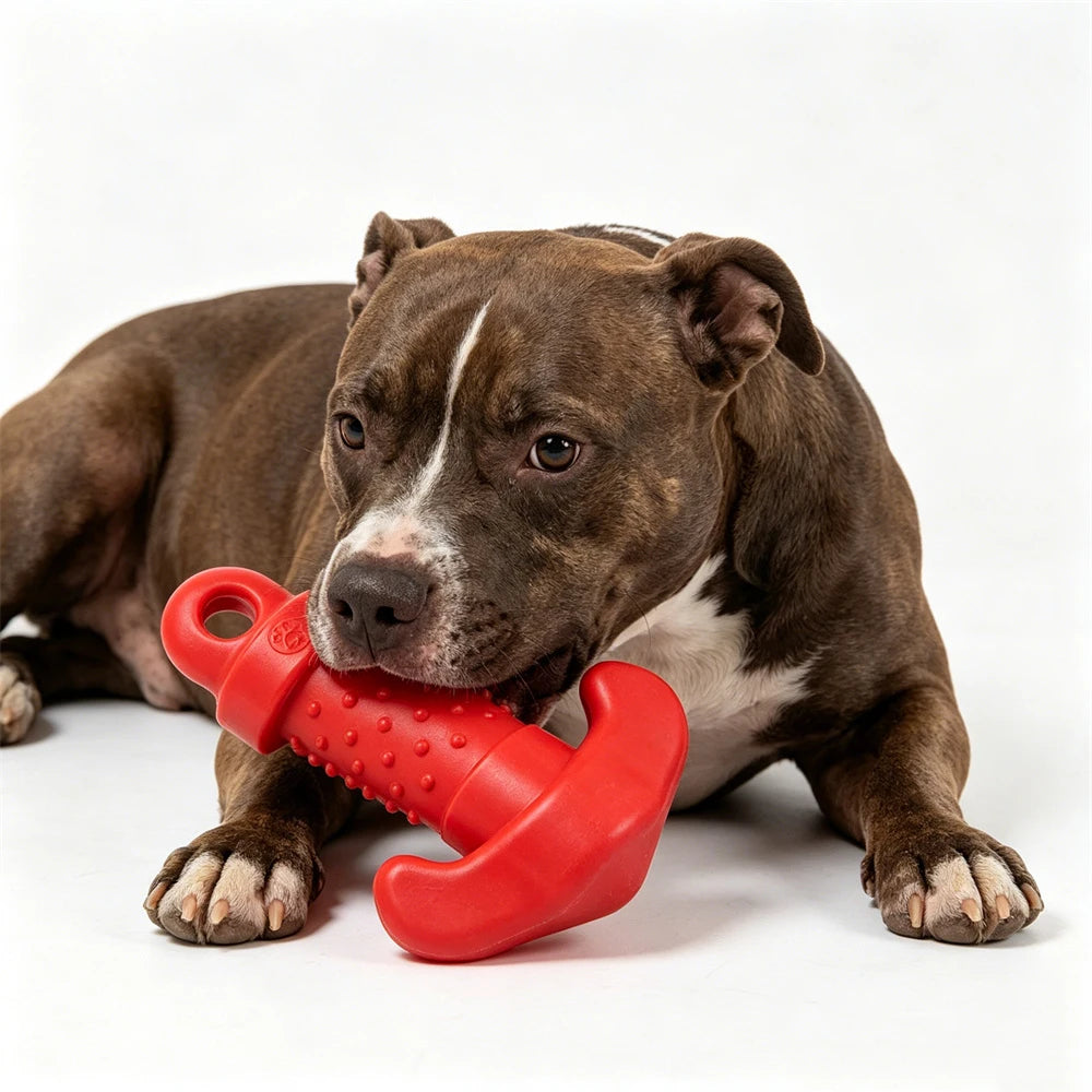 A brown and white dog is lying down and holding a red hexagonal TPR chew toy.