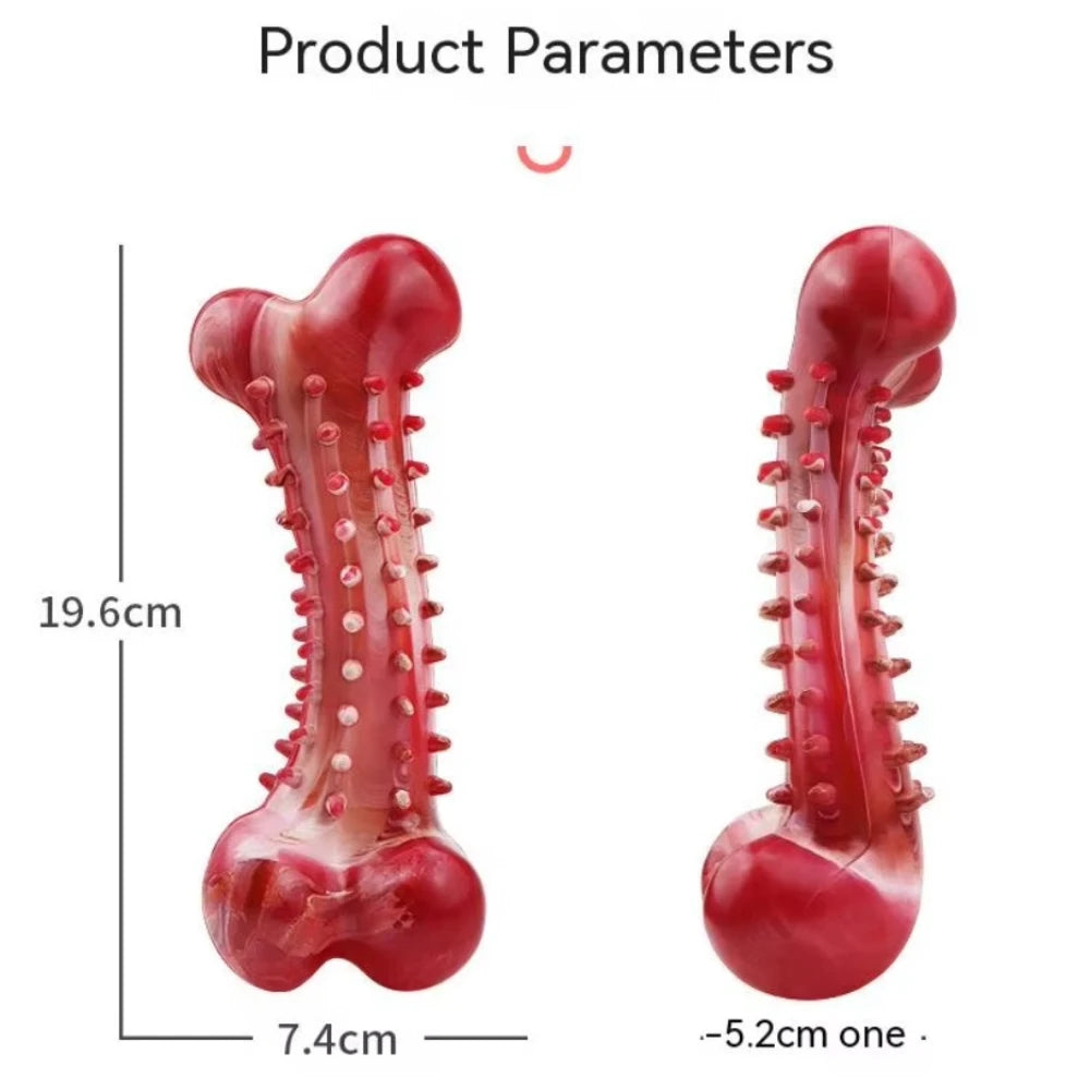 A red natural rubber dog chew toy, shaped like a bone, shown with dimensions.