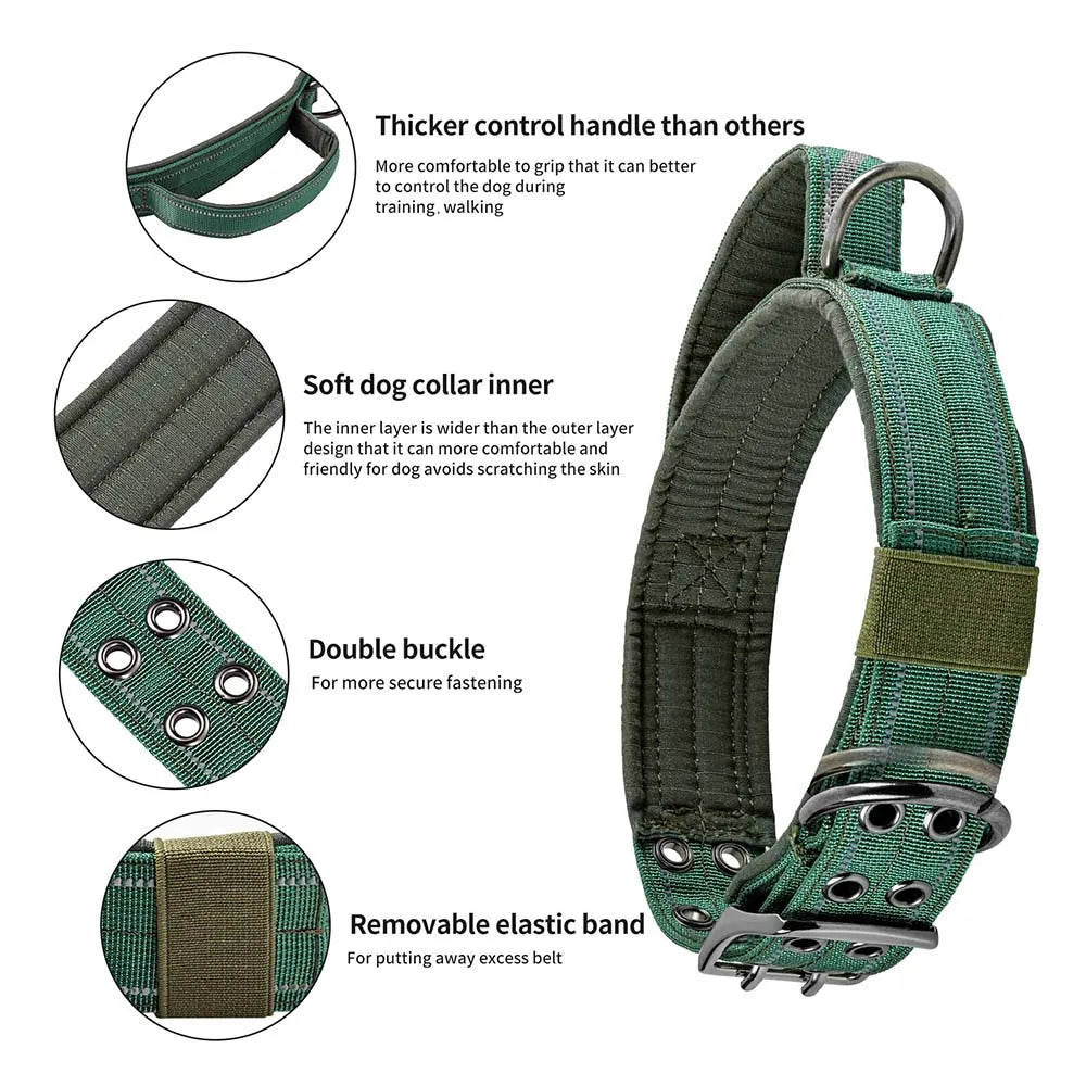 A tactical dog collar with a green nylon strap and handle, showing various features like the inner layer, buckle, and elastic