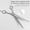 Silver professional pet grooming shears with sharp cutting teeth shown against a white background.