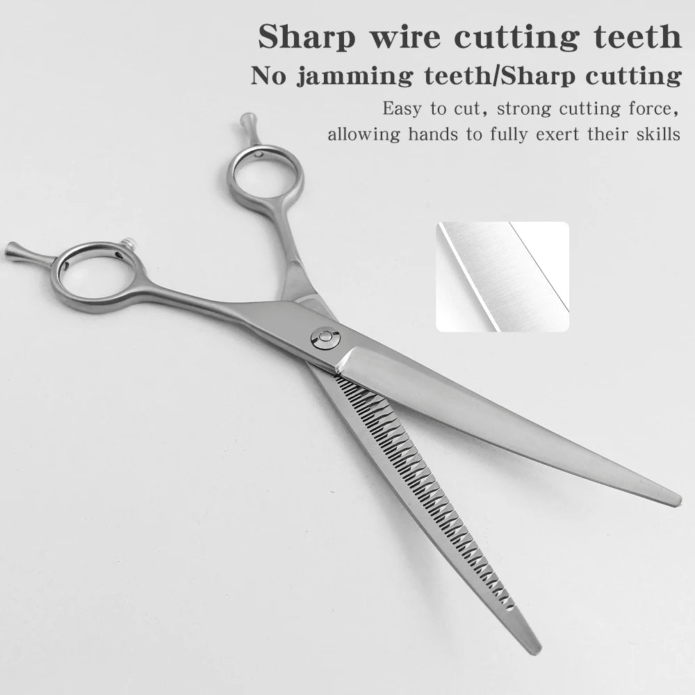 Silver professional pet grooming shears with sharp cutting teeth shown against a white background.