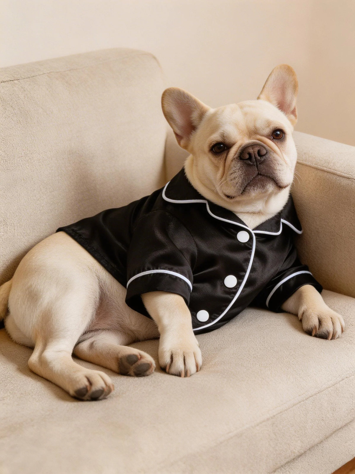 Ein hellfarbiger Französische Bulldogge trägt ein schwarzes Satin-Pyjama-Oberteil mit weißer Borte und ein passendes Schleife