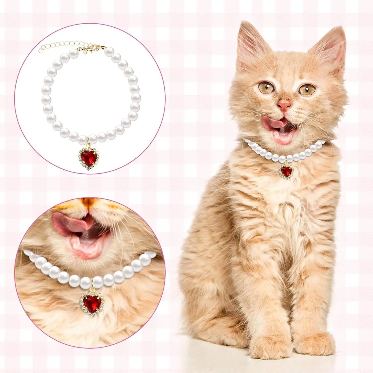 A fluffy orange tabby cat wearing a pearl necklace and collar, with inset images showing the jewelry.
