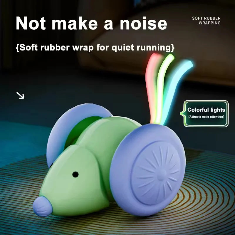 A purple and green soft rubber wrap cat toy with colorful lights attracting a cat's attention.