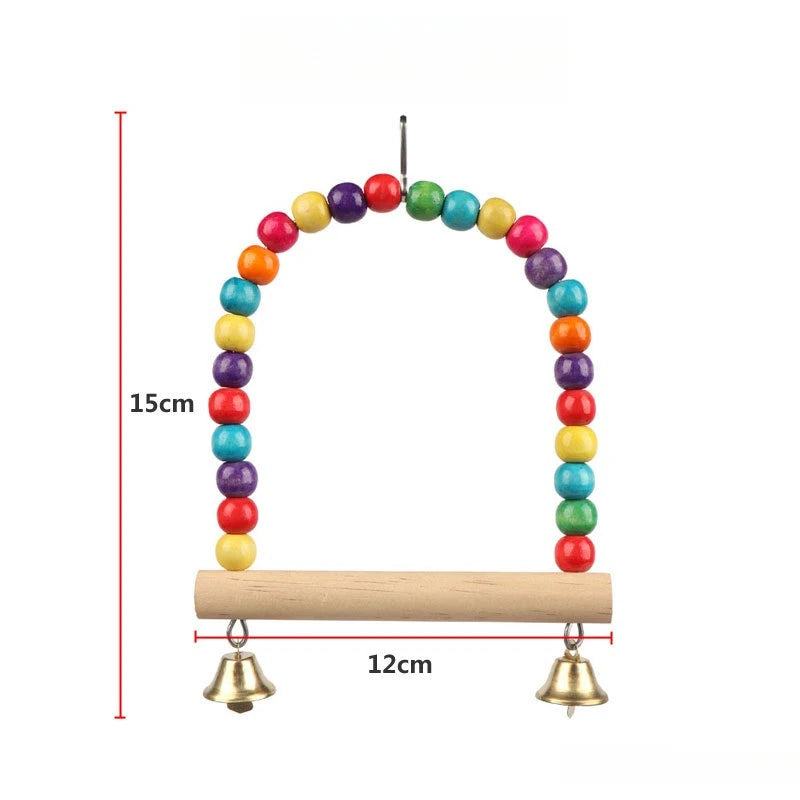 Wooden bird swing featuring a colorful beaded arc suspended from a wooden bar with brass bells.