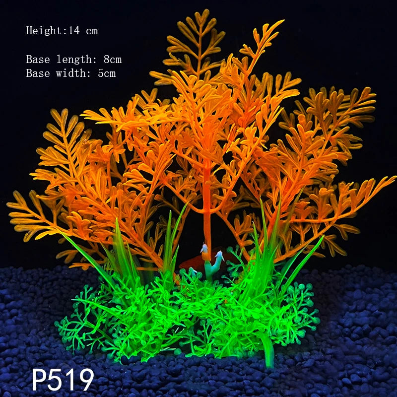 A realistic artificial aquarium plant with orange foliage growing from a green base.