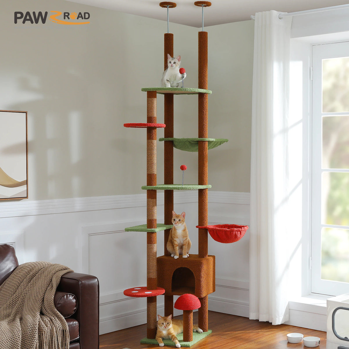A wooden cat tree structure with multiple levels, including a perch for a cat and an orange bowl.