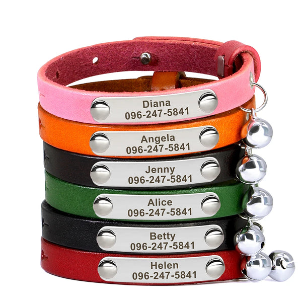 Collier en cuir personnalisé pour chat avec nom gravé