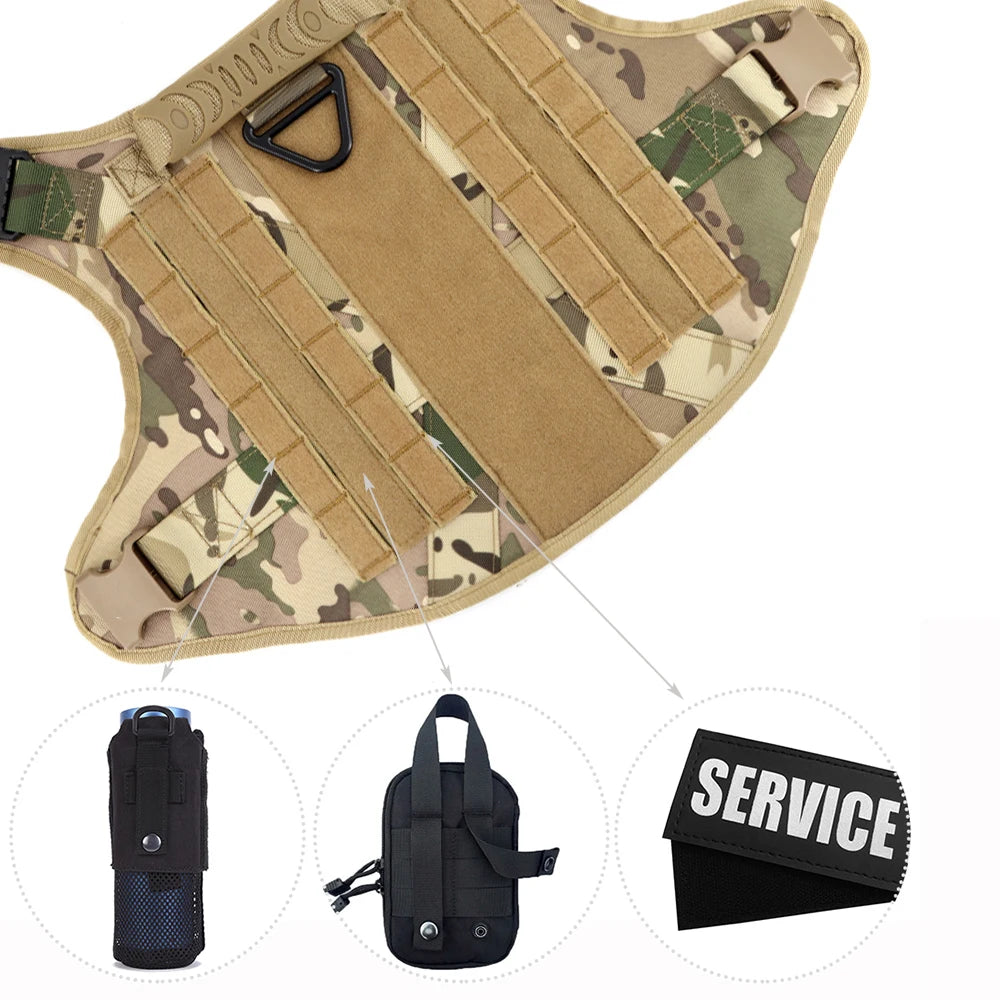 Tactical dog harness with molli system and leash attachments shown in various forms.