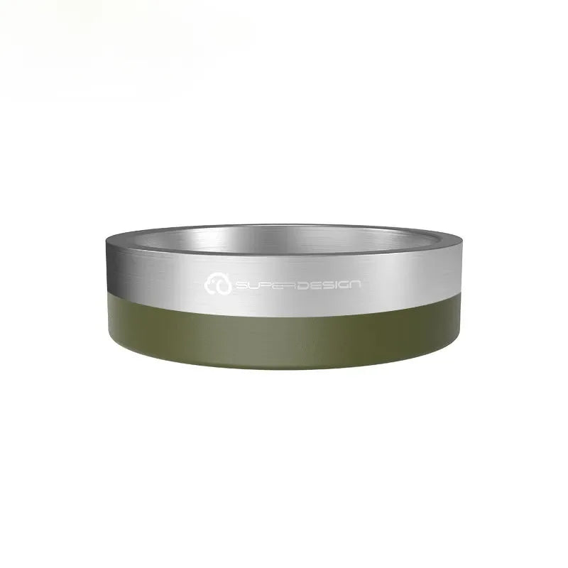 A stainless steel insulated dog bowl with a matte olive green non-skid base.