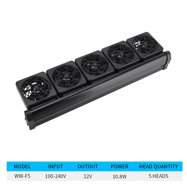 Black adjustable aquarium cooling fan with five heads for water circulation