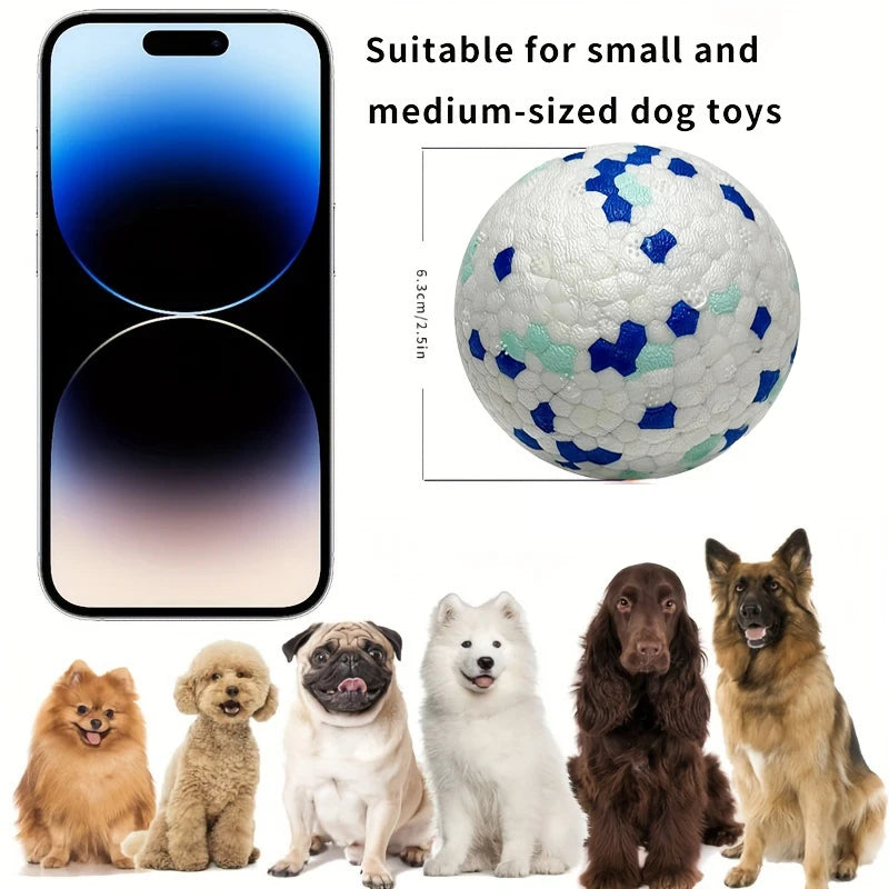 A durable TPU dog chew ball is shown next to various dog breeds.