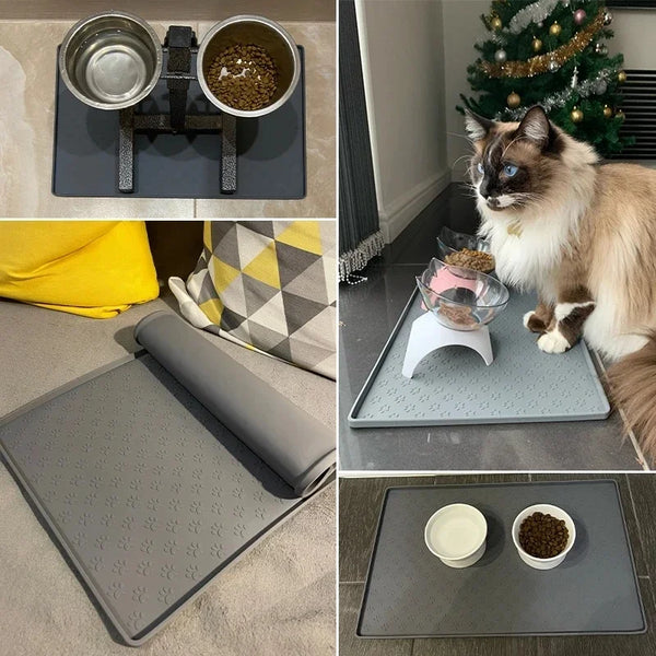 A waterproof silicone pet feeding mat is shown with a cat and food bowls on it, alongside a yellow cushion and a gray mat.