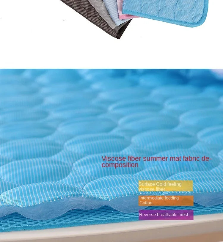 Blue viscose fiber summer mat fabric with a breathable mesh surface for pet cooling