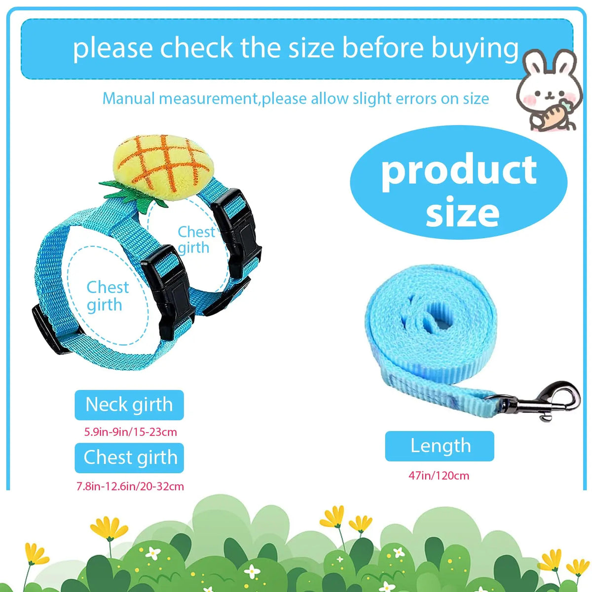 A set of blue pet harnesses and a leash for a bunny rabbit, showing chest girth measurements.