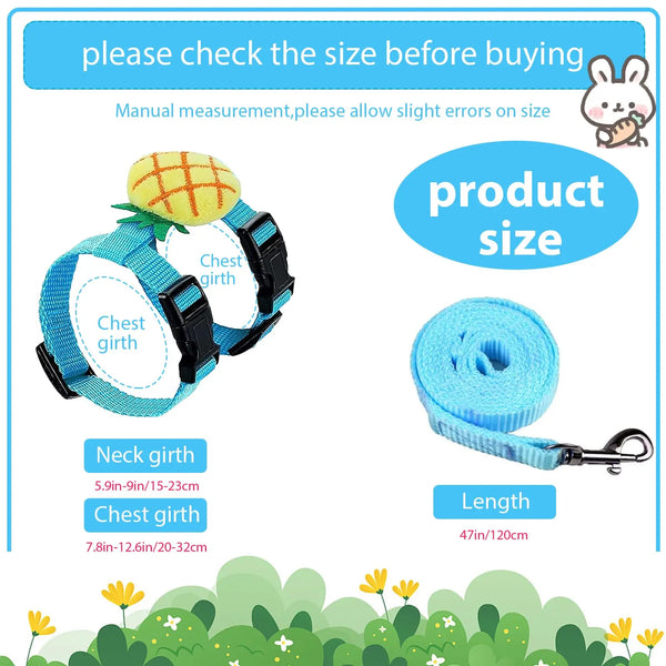 A set of blue pet harnesses and a leash for a bunny rabbit, showing chest girth measurements.