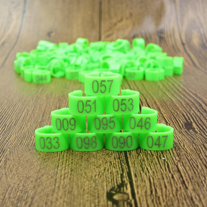 A pile of bright green plastic bird identification foot rings arranged in a pyramid shape on a wooden surface.